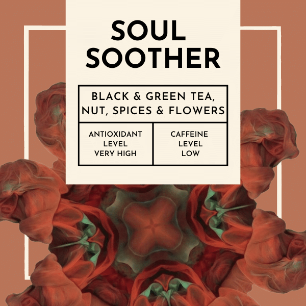 Soul Soother Tea. Sip on Soul Soother and feel the comforting embrace of its intricate blend. The marriage of green tea and black tea forms a solid foundation, providing a smooth and balanced base for the vibrant ginger and turmeric to shine through.
