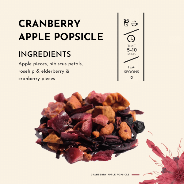 Cranberry Apple Popsicle Tea. Each sip of Cranberry Apple Popsicle is like a refreshing popsicle on a hot summer day, offering a tantalizing coolness that revitalizes you The crispness of the apple pieces blends harmoniously with the vibrant hues of hibiscus petals, creating a visually stunning brew that is as beautiful as it is delicious. The richness of rosehip and the depth of elderberry add layers of complexity to the flavour profile, resulting in a tea that is both satisfying and invigorating