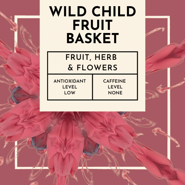 Wild Child Fruit Basket Tea. Indulge in the essence of summer with every sip. Imagine sinking your teeth into a juicy apple, its crisp and tangy notes awakening your senses. Let the vibrant hues of hibiscus petals paint a picture of tropical bliss, while the subtle tartness of rosehip adds a delightful twist