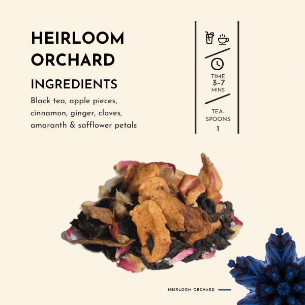 Heirloom Orchard Tea. Inspired by the legacy of a treasured orchard and a time-honoured recipe for spiced plum tarts, this remarkable blend will transport you to a realm of sweet nostalgia and warm memories