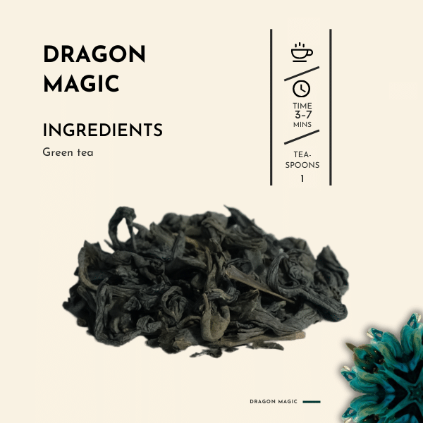 Dragon Magic Tea. This full-flavoured green tea captivates with its gentle roar of light bakery notes, delicate grassy undertones, and a subtle hint of refreshing eucalyptus. Crafted with the finest green tea leaves and delicate safflower petals, Dragon Magic is a majestic infusion that will leave you spellbound. Indulge in this mystical brew and let the magic of the dragons awaken your spirit