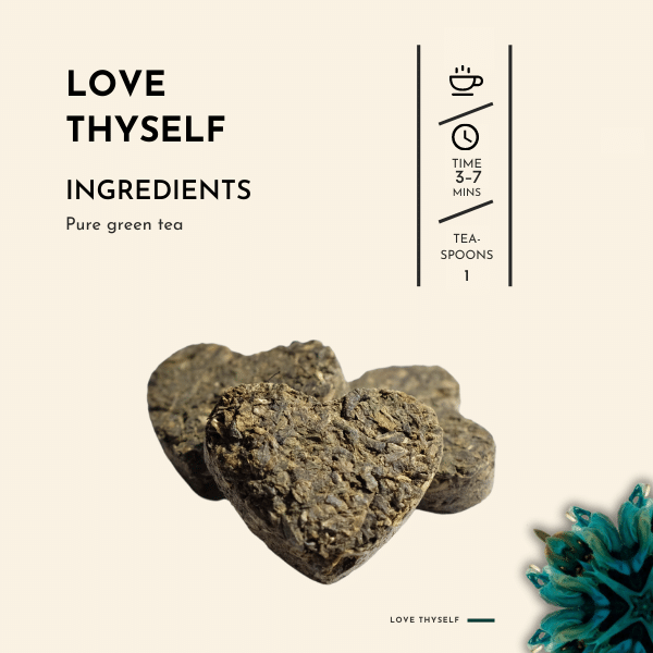 Love Thyself Tea. Experience the pure essence of self-love with our Love Thyself tea. Crafted with care, this exceptional blend is a testament to the power of self-care and appreciation. Each tea leaf is pressed into a delicate heart shape, symbolizing the love and mindfulness that goes into every sip