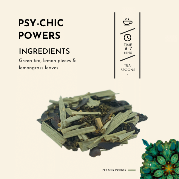 Psy-chic Powers Tea. This remarkable tea is designed to awaken your senses and elevate your spirit, delivering a rich and invigorating experience like no other. Immerse yourself in the captivating essence of Psy-chic Powers, where a harmonious fusion of green tea, lemon pieces, and lemongrass leaves creates a symphony of flavours that will enthral your palate