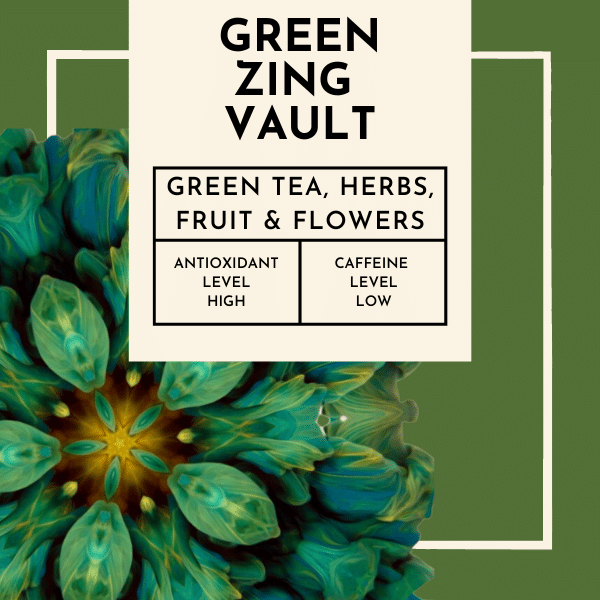 Green Zing Vault Tea. Indulge in this unfermented green tea's crisp and refreshing essence, renowned for its vibrant character  The lime leaves infuse the blend with a zesty tang, awakening your palate with a burst of citrusy goodness. As the lime leaves harmonize with the delicate green tea, a harmonious balance is achieved, creating a truly remarkable flavour experience