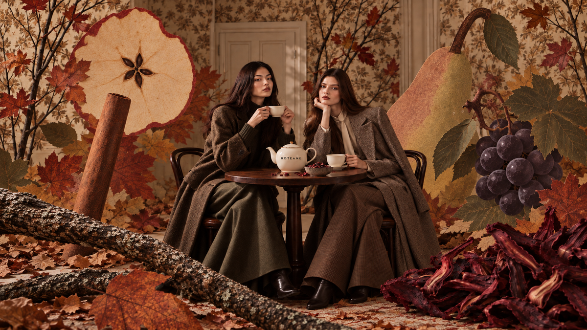 Two women in long coats taking tea at a small table against an autumn set of leaves, grapes and pears
