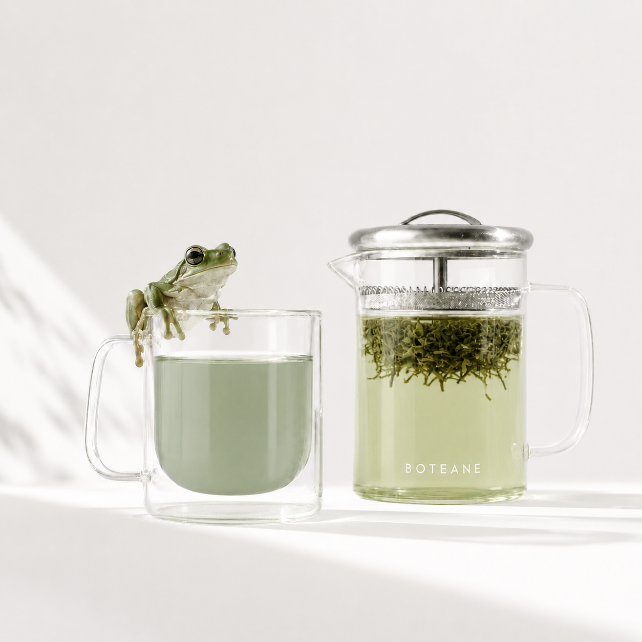 Fairtrade certified loose-leaf tea — Boteane glass teapot with green tea brewing