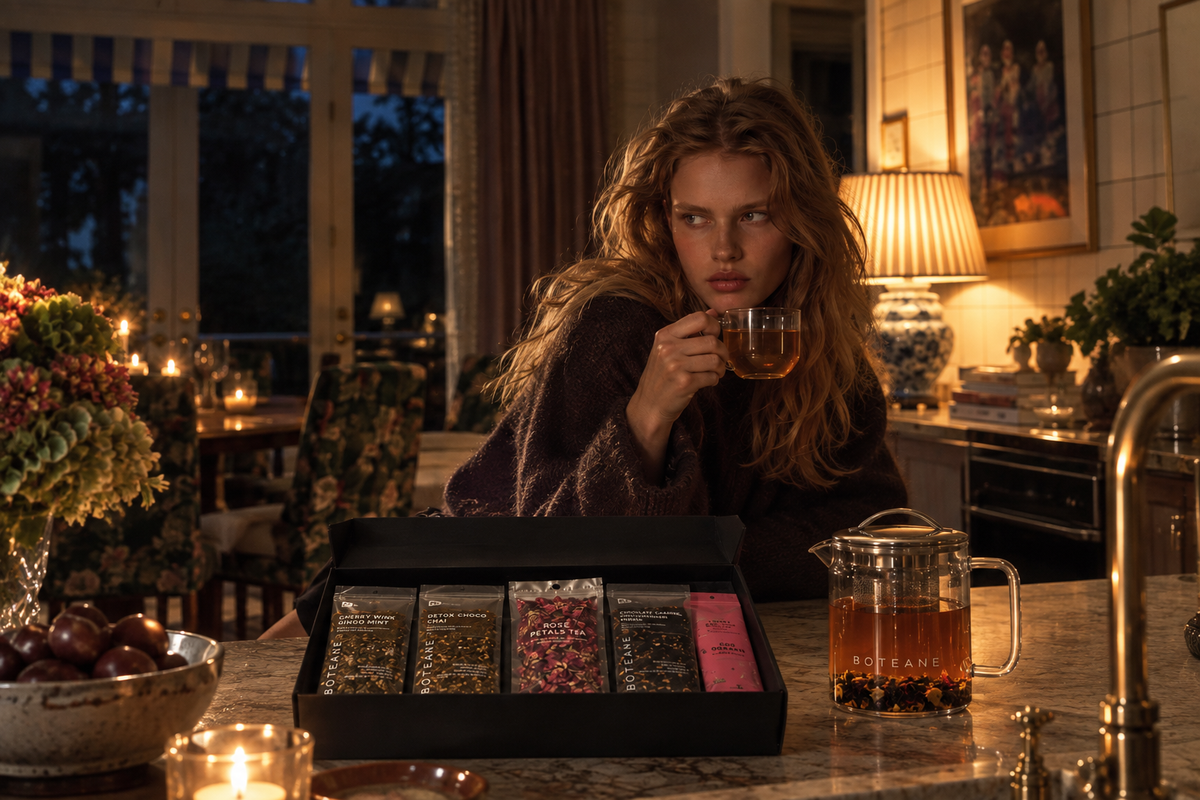 A woman at a candlelit kitchen island at dusk holding a glass cup of tea, with a Boteane box of five loose leaf blends and a glass teapot of amber tea in front of her