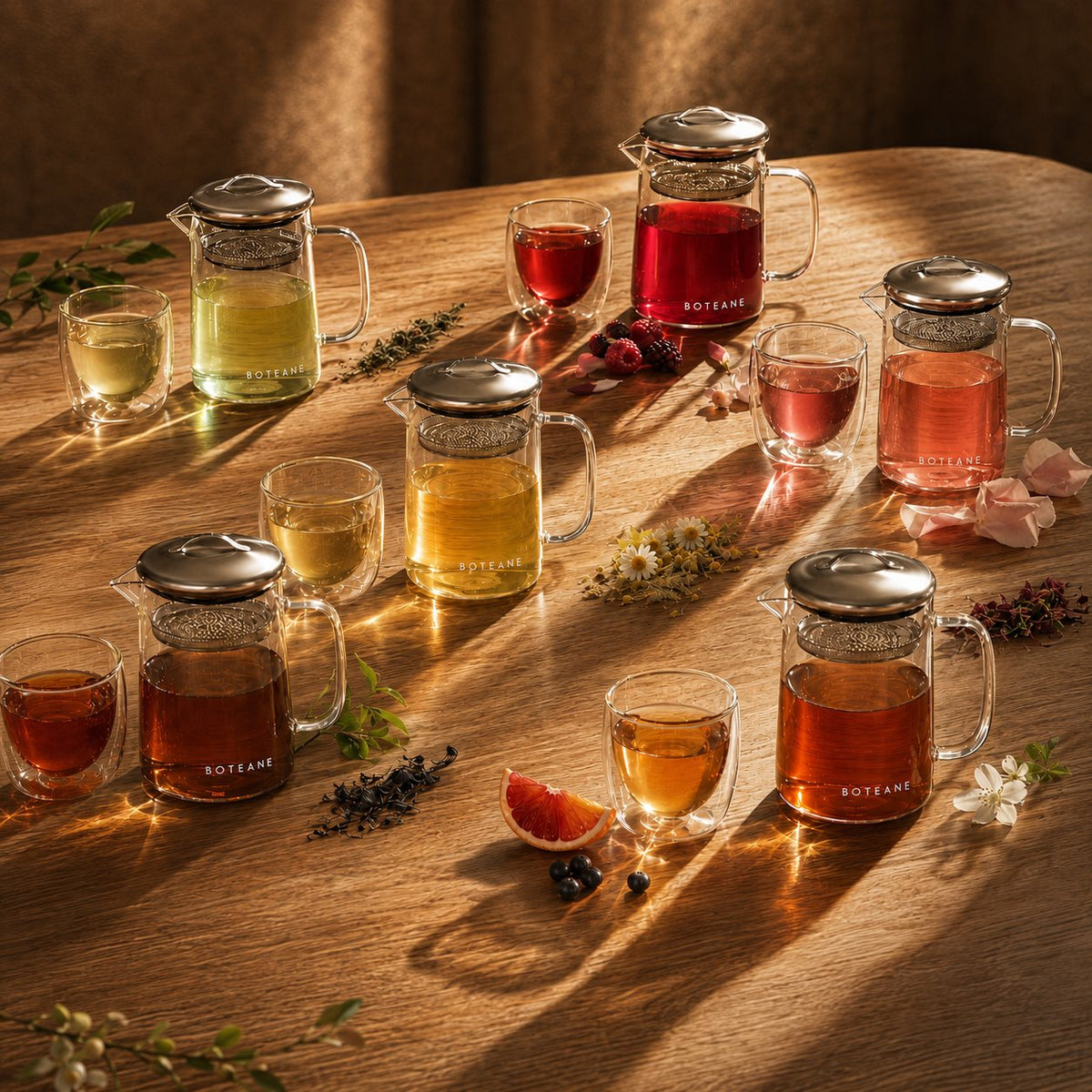 Six glass Boteane teapots and cups of different infusions, from pale green to deep amber, catching low light on a wooden table