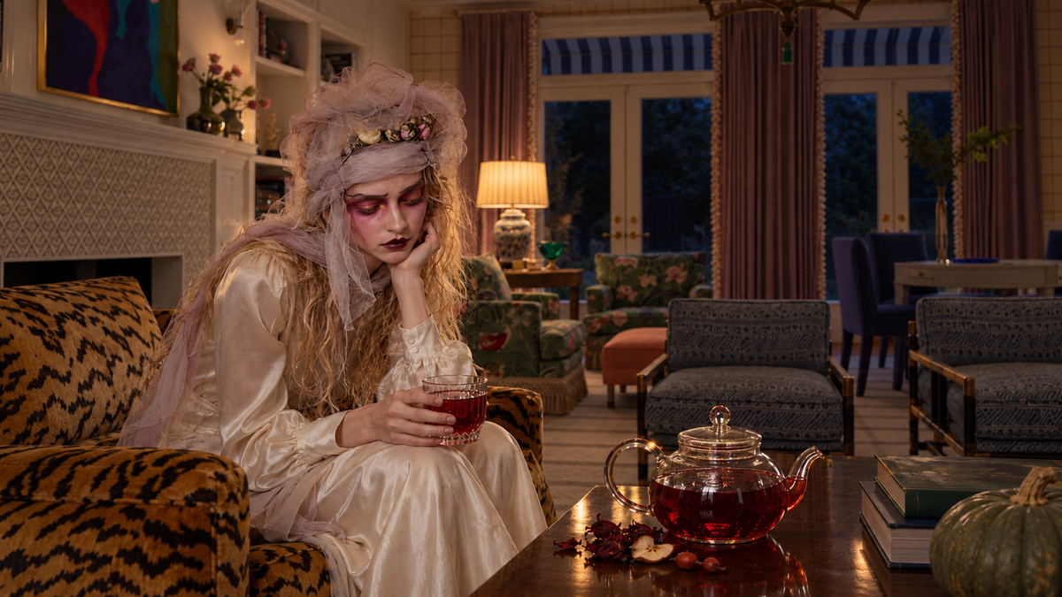 A woman in a pale veil and cream silk dress at dusk, holding a cut glass tumbler of deep red hibiscus tea, with a glass Boteane teapot of the same infusion, scattered hibiscus petals, dried apple and rosehips on the table beside her