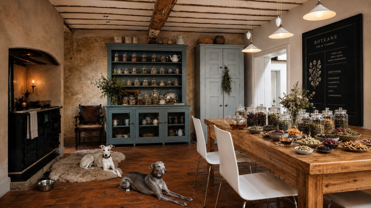 Glass jars of loose leaf tea and botanicals on a farmhouse tasting table in the Boteane kitchen, two greyhounds resting by the stove