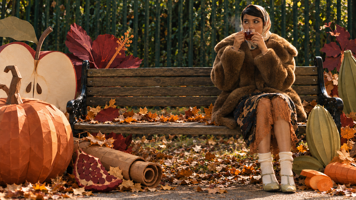 A woman in a fur coat and headscarf sitting on a park bench in deep fallen leaves, drinking a glass cup of dark red tea, surrounded by oversized paper-craft pumpkin, apple, pomegranate, cinnamon quills and orange slices