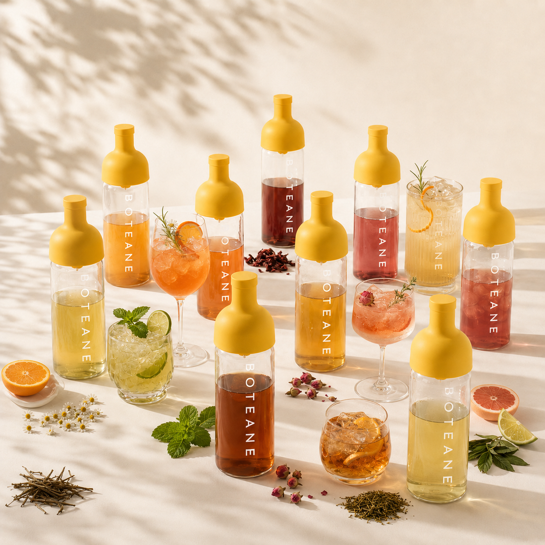 Boteane cold brew bottles with yellow caps beside five tea mocktails in different glasses, in warm afternoon sunlight
