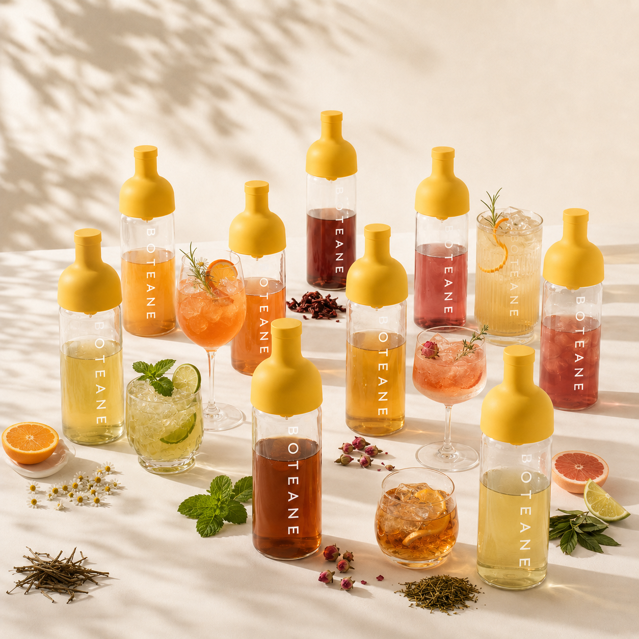 Boteane cold brew bottles with yellow caps beside five tea mocktails in different glasses, in warm afternoon sunlight
