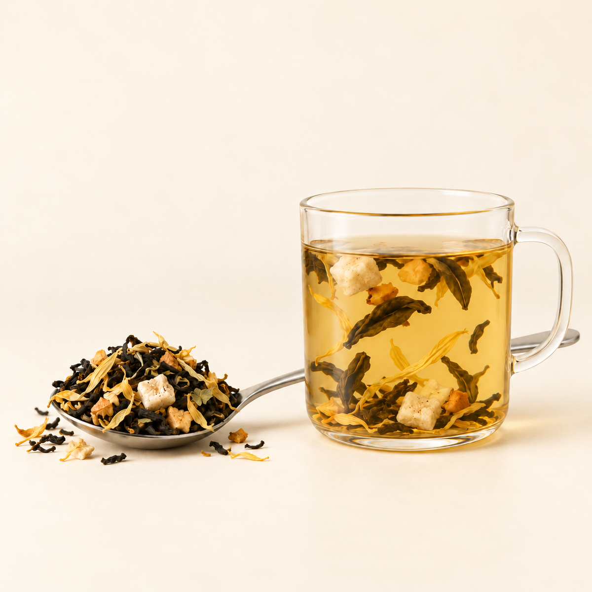 A spoonful of Boteane loose leaf tea beside a clear glass cup of pale gold infusion, with whole leaves and yellow petals unfurled and settled in the bottom of the cup