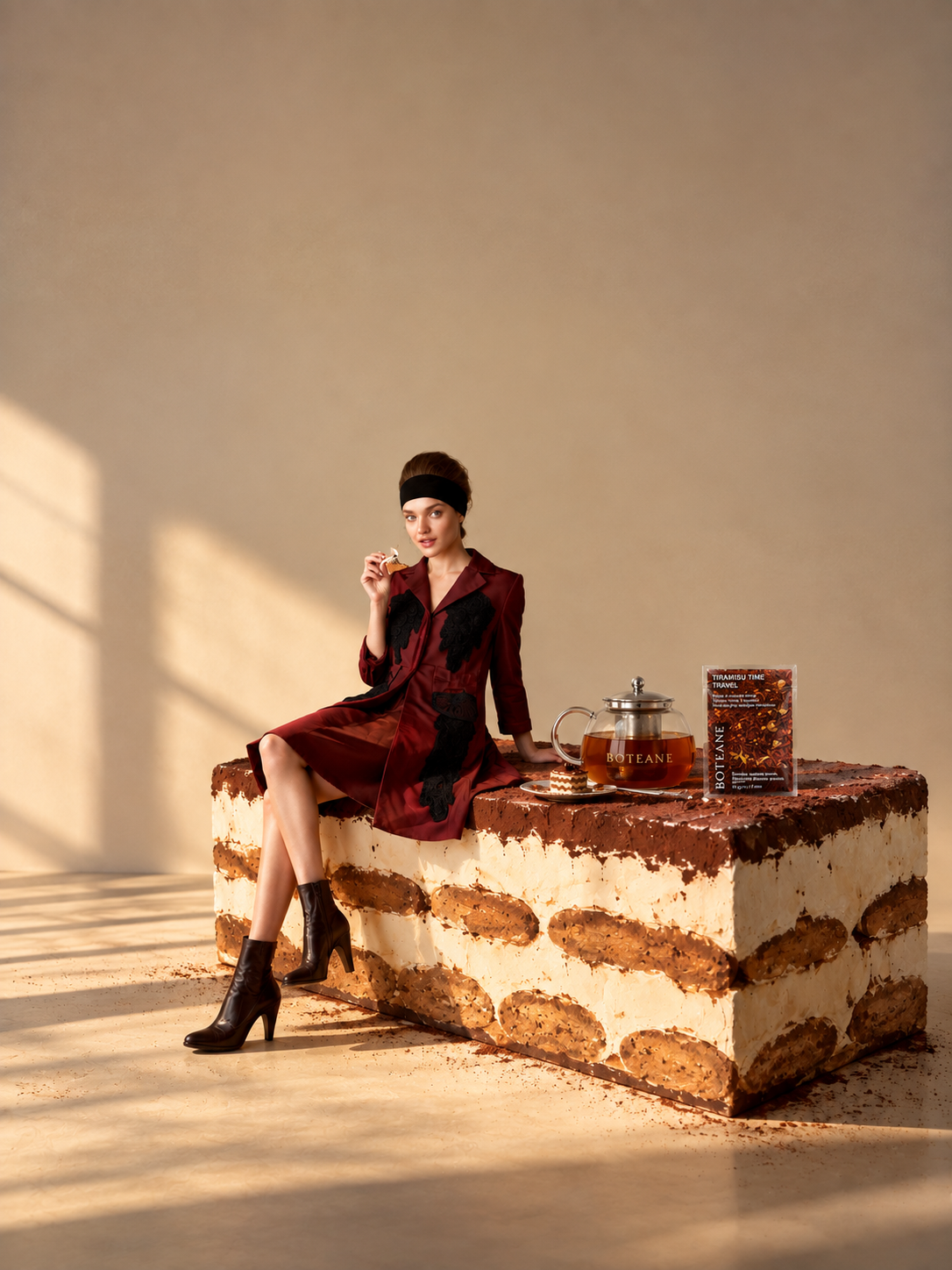 A woman in a burgundy velvet coat sitting on an oversized tiramisu, dusted with cocoa and layered with sponge fingers, beside a Boteane glass teapot of amber tea and a pouch of Tiramisu Time Travel