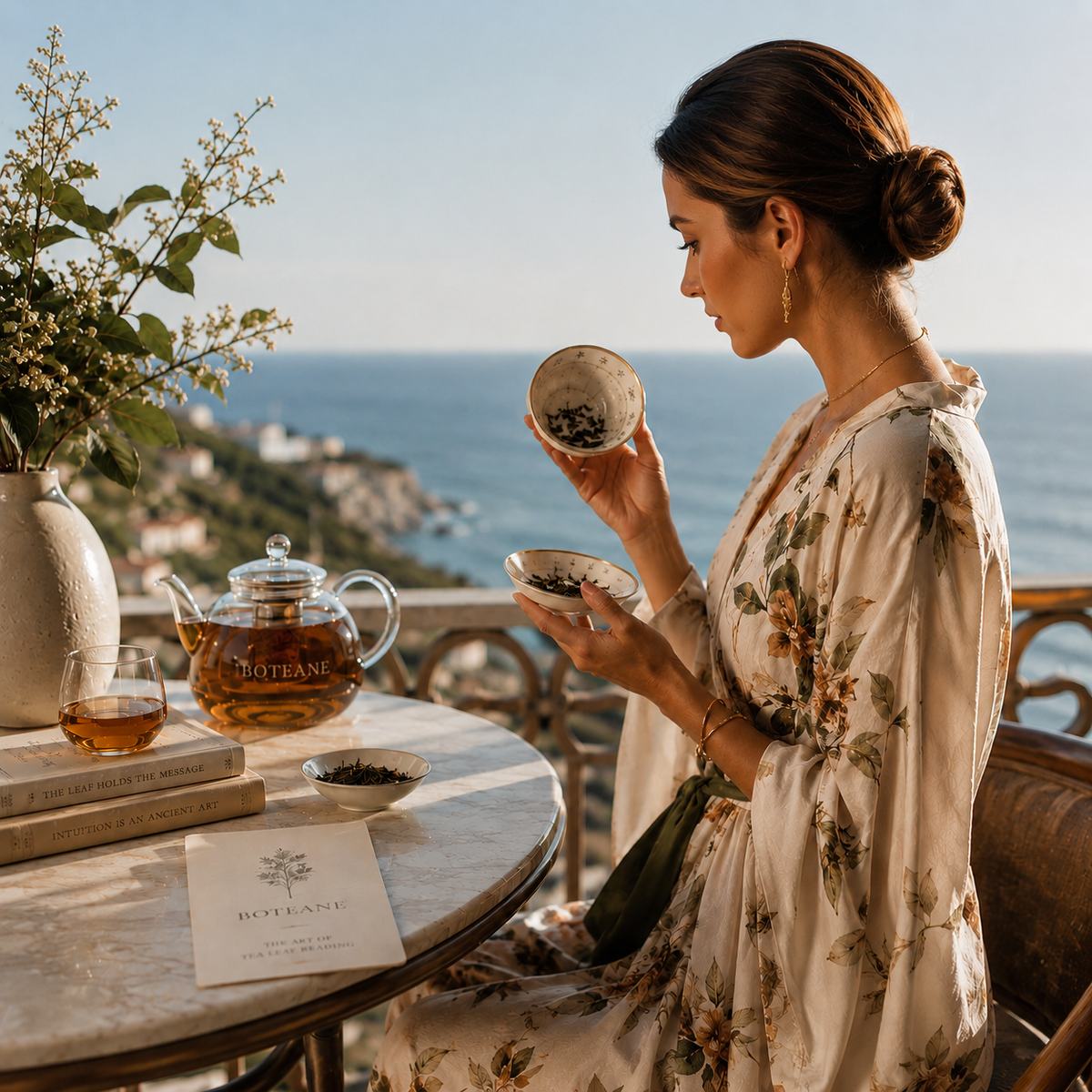 A woman turning a teacup to read the leaves settled inside it, a glass Boteane teapot on the table beside her