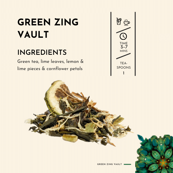 Green Zing Vault Tea. Indulge in this unfermented green tea's crisp and refreshing essence, renowned for its vibrant character The lime leaves infuse the blend with a zesty tang, awakening your palate with a burst of citrusy goodness. As the lime leaves harmonize with the delicate green tea, a harmonious balance is achieved, creating a truly remarkable flavour experience