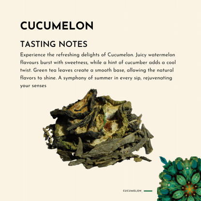 Cucumelon Tea. Imagine the juicy, sun-ripened watermelon slices on a warm day, their vibrant flavours infusing the cup with a delightful sweetness that instantly uplifts your mood. As you continue to savour this exquisite brew, a light and refreshing cucumber finish emerges, adding a subtle coolness to the overall flavour profile.