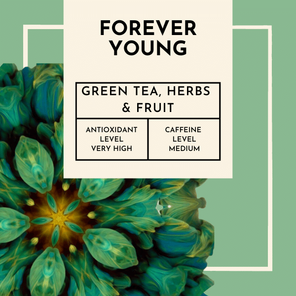 Forever Young Tea. Indulge in the vibrant flavours of Forever Young as you take your first sip. The harmonious blend of green tea and green mate creates a powerful elixir, delivering a wave of natural energy that revitalises your body from within. With every sip, you'll feel a renewed sense of vigour and vitality 
