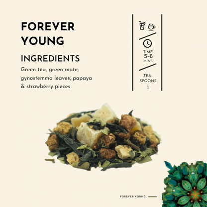 Forever Young Tea. Indulge in the vibrant flavours of Forever Young as you take your first sip. The harmonious blend of green tea and green mate creates a powerful elixir, delivering a wave of natural energy that revitalises your body from within. With every sip, you'll feel a renewed sense of vigour and vitality