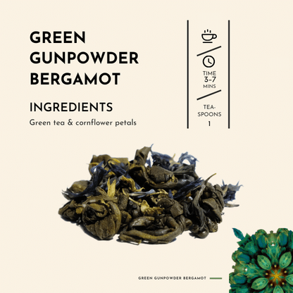 Green Gunpowder Bergamot Tea. Crafted with care, Green Gunpowder Bergamot tea combines the finest green tea leaves with the delicate beauty of cornflower petals At the heart of this exceptional blend lies the green gunpowder tea, known for its unique appearance and smoky undertones