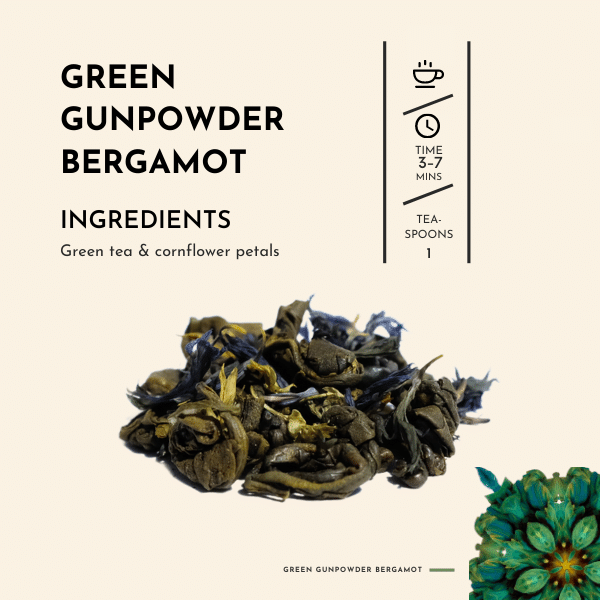 Green Gunpowder Bergamot Tea. Crafted with care, Green Gunpowder Bergamot tea combines the finest green tea leaves with the delicate beauty of cornflower petals At the heart of this exceptional blend lies the green gunpowder tea, known for its unique appearance and smoky undertones