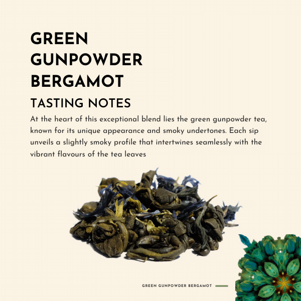 Green Gunpowder Bergamot Tea. Crafted with care, Green Gunpowder Bergamot tea combines the finest green tea leaves with the delicate beauty of cornflower petals At the heart of this exceptional blend lies the green gunpowder tea, known for its unique appearance and smoky undertones