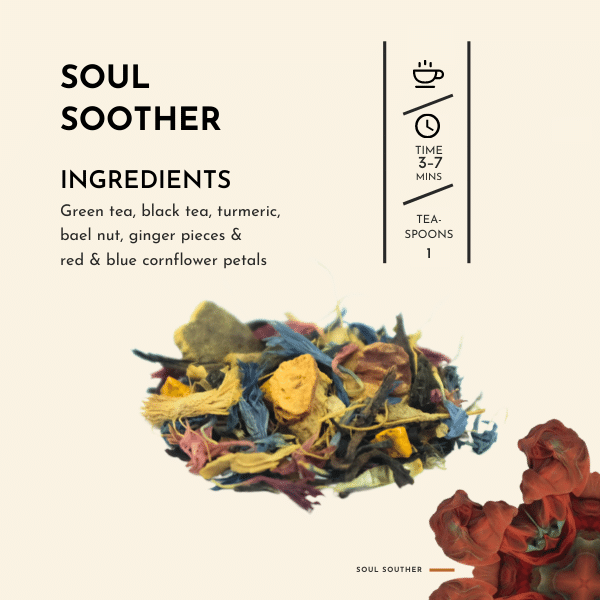 Soul Soother Tea. Sip on Soul Soother and feel the comforting embrace of its intricate blend. The marriage of green tea and black tea forms a solid foundation, providing a smooth and balanced base for the vibrant ginger and turmeric to shine through.