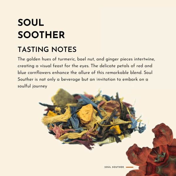 Soul Soother Tea. Sip on Soul Soother and feel the comforting embrace of its intricate blend. The marriage of green tea and black tea forms a solid foundation, providing a smooth and balanced base for the vibrant ginger and turmeric to shine through.