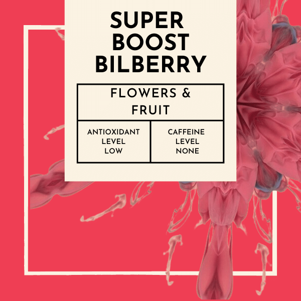 Super Boost Bilberry Tea. Indulge in the freshest flavours nature has to offer with a symphony of hibiscus petals, apple, elderberry, and currant pieces. Each sip takes you on a journey through a garden of rich, luscious berries, where bilberries and blueberries entwine to create a burst of delightful sweetness