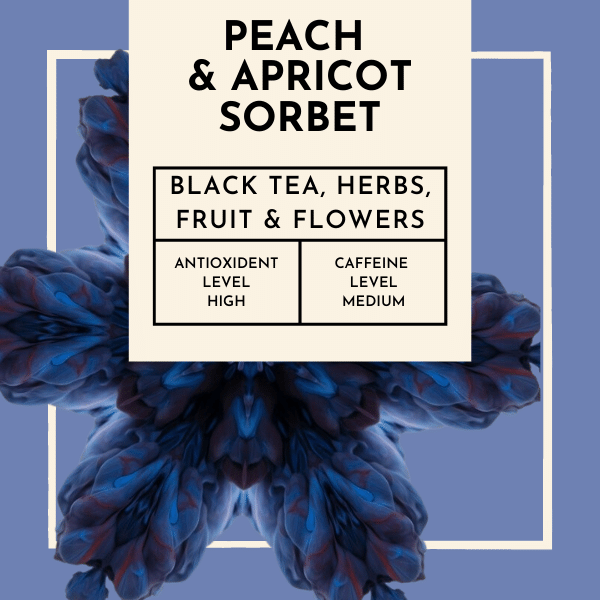 Peach & Apricot Sorbet Tea. Carefully crafted with a blend of premium black tea, papaya pieces, blackberry leaves, calendula, sunflower and jasmine petals, and juicy peach pieces, this tea embodies the essence of summer in every sip. 