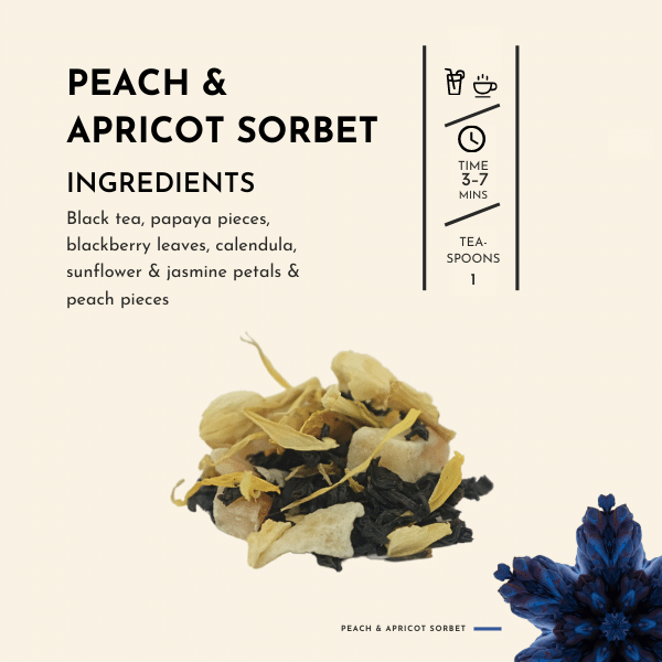 Peach & Apricot Sorbet Tea. Carefully crafted with a blend of premium black tea, papaya pieces, blackberry leaves, calendula, sunflower and jasmine petals, and juicy peach pieces, this tea embodies the essence of summer in every sip