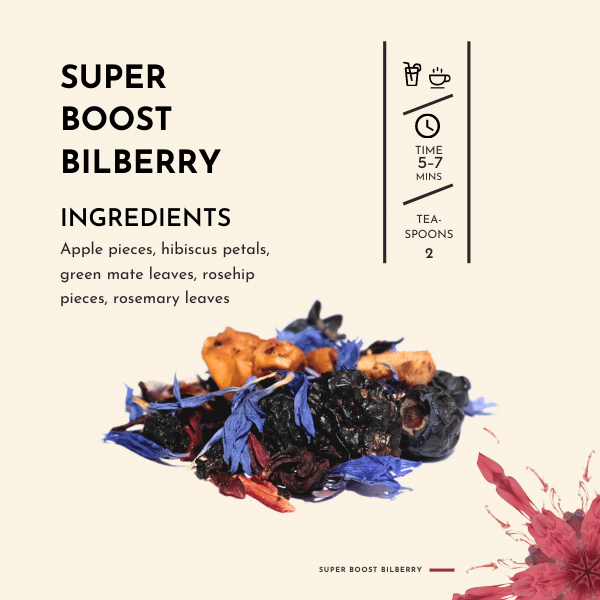 Super Boost Bilberry Tea. Indulge in the freshest flavours nature has to offer with a symphony of hibiscus petals, apple, elderberry, and currant pieces. Each sip takes you on a journey through a garden of rich, luscious berries, where bilberries and blueberries entwine to create a burst of delightful sweetness