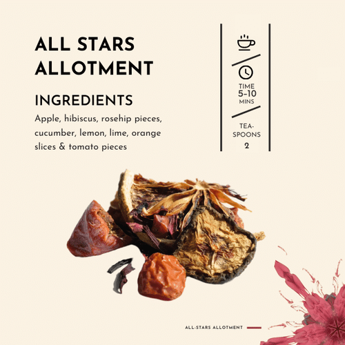 All Stars Allotment Tea. This exceptional blend is a symphony of taste, carefully crafted to offer a nutrient-packed, vitamin-rich brew that truly shines in every cup. Delight in the vibrant notes of freshly picked apples, their crisp sweetness infusing the infusion with a delightful