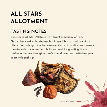 All Stars Allotment Tea. This exceptional blend is a symphony of taste, carefully crafted to offer a nutrient-packed, vitamin-rich brew that truly shines in every cup. Delight in the vibrant notes of freshly picked apples, their crisp sweetness infusing the infusion with a delightful