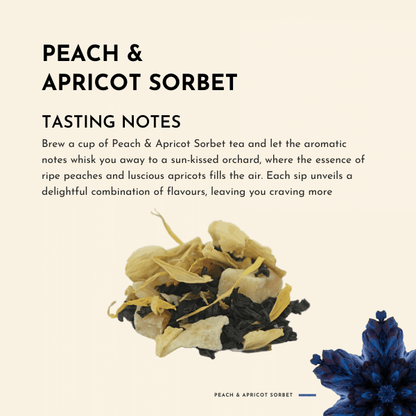 Peach & Apricot Sorbet Tea. Carefully crafted with a blend of premium black tea, papaya pieces, blackberry leaves, calendula, sunflower and jasmine petals, and juicy peach pieces, this tea embodies the essence of summer in every sip