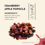 Cranberry Apple Popsicle Tea. Each sip of Cranberry Apple Popsicle is like a refreshing popsicle on a hot summer day, offering a tantalizing coolness that revitalizes you The crispness of the apple pieces blends harmoniously with the vibrant hues of hibiscus petals, creating a visually stunning brew that is as beautiful as it is delicious. The richness of rosehip and the depth of elderberry add layers of complexity to the flavour profile, resulting in a tea that is both satisfying and invigorating
