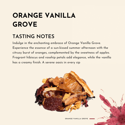 Indulge in the enchanting embrace of a sun-kissed summer afternoon with every sip of Orange Vanilla Grove tea. Immerse yourself in the essence of a flourishing orange grove as you take your first sip.