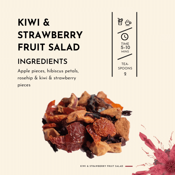 Kiwi & Strawberry Fruit Salad Tea. Embark on a tantalizing journey of fruity delight with Kiwi & Strawberry Fruit Salad tea, a vibrant blend that captures the essence of a refreshing fruit salad bursting with the flavours of ripe kiwis and succulent strawberries