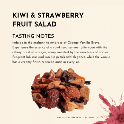 Kiwi & Strawberry Fruit Salad Tea. Embark on a tantalizing journey of fruity delight with Kiwi & Strawberry Fruit Salad tea, a vibrant blend that captures the essence of a refreshing fruit salad bursting with the flavours of ripe kiwis and succulent strawberries