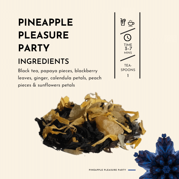 Pineapple Pleasure Party Tea. Indulge in the tropical delight of Pineapple Pleasure Party, where every sip takes you on a sensational journey to paradise. Experience the vibrant and refreshing flavour of freshly sliced pineapple captured brilliantly in each cup.