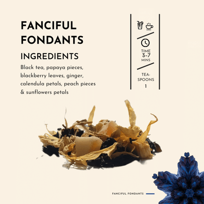 Fanciful Fondants Tea. This exquisite tea blend captures the sweet and fanciful essence of ripe peaches, caressed by the tingling warmth of spicy ginger.