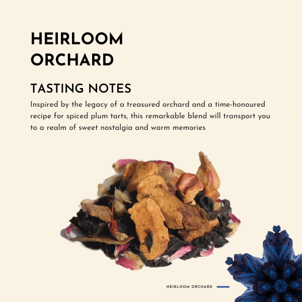 Heirloom Orchard Tea. Inspired by the legacy of a treasured orchard and a time-honoured recipe for spiced plum tarts, this remarkable blend will transport you to a realm of sweet nostalgia and warm memories