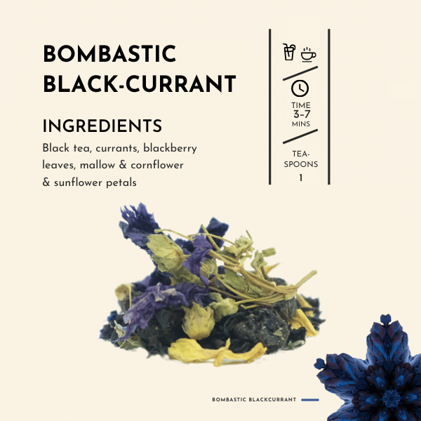 Bombastic Blackcurrant Tea. Introducing Bombastic Blackcurrant, a tea that will take your taste buds on a captivating journey. Immerse yourself in the rich aroma and flavour of blackcurrants, reminiscent of a bountiful currant bush bursting with juicy berries. This tea is not just a beverage but an experience that will transport you to a world of vibrant flavours