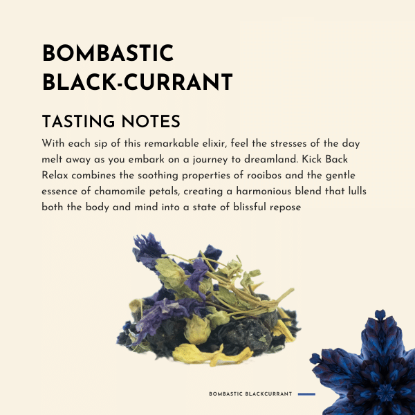 Bombastic Blackcurrant Tea. Introducing Bombastic Blackcurrant, a tea that will take your taste buds on a captivating journey. Immerse yourself in the rich aroma and flavour of blackcurrants, reminiscent of a bountiful currant bush bursting with juicy berries. This tea is not just a beverage but an experience that will transport you to a world of vibrant flavours