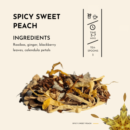 Spicy Sweet Peach Tea. Embark on a tantalising journey of flavours with Spicy Sweet Peach tea, where a harmonious blend of tingly sharp ginger and luscious sweet peach creates a captivating symphony for your taste buds