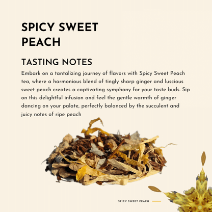 Spicy Sweet Peach Tea. Embark on a tantalising journey of flavours with Spicy Sweet Peach tea, where a harmonious blend of tingly sharp ginger and luscious sweet peach creates a captivating symphony for your taste buds