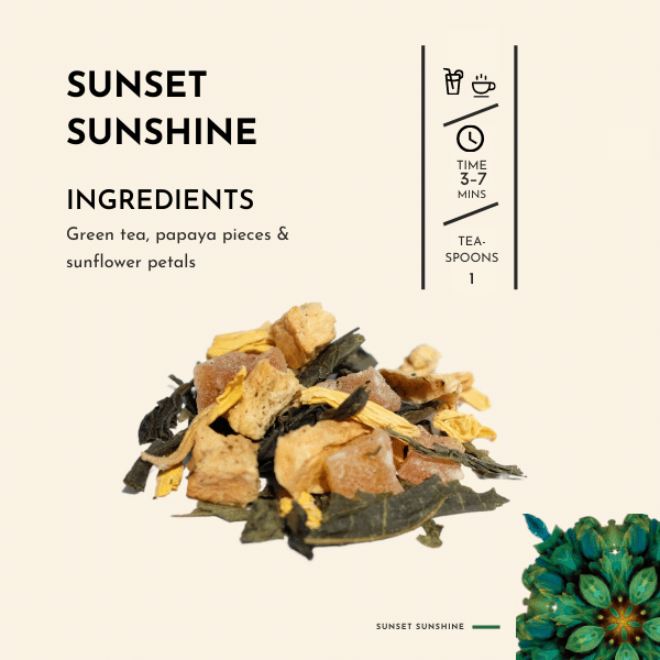 Sunset Sunshine Tea. This enchanting brew starts with the invigorating notes of green tea, known for its delicate yet revitalizing qualities.