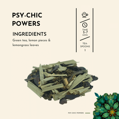 Psy-chic Powers Tea. This remarkable tea is designed to awaken your senses and elevate your spirit, delivering a rich and invigorating experience like no other. Immerse yourself in the captivating essence of Psy-chic Powers, where a harmonious fusion of green tea, lemon pieces, and lemongrass leaves creates a symphony of flavours that will enthral your palate