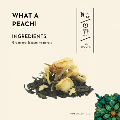 What A Peach! Tea. As you lift your cup to your lips, a tantalizing aroma of fresh peaches greets your senses, instantly putting a smile on your face. The gentle infusion of green tea leaves, carefully selected for their delicate and grassy notes, forms the perfect canvas for the luscious peach flavours to shine.
